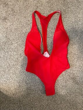 Red Deep V One-Piece Swimsuit